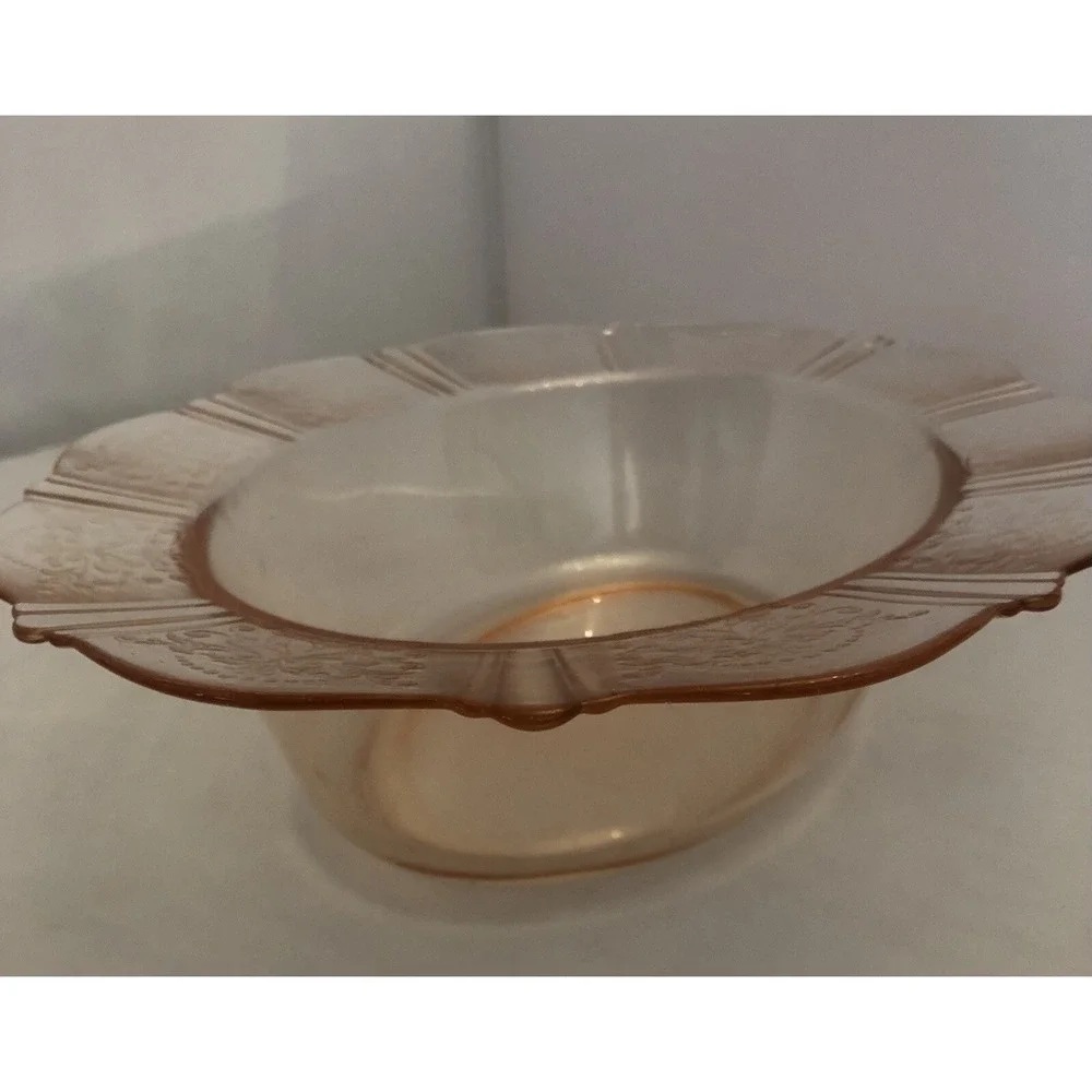 Vintage Peach Light Pink Round Depression Glass Serving Bowl Etched Floral 11x 8